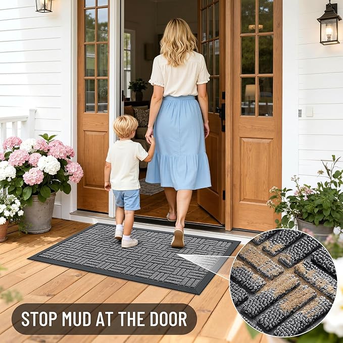 OLANLY Front Door Mat Outside Entrance 29.5x17, Absorbent, Heavy Duty Sturdy Natural Rubber Doormat Indoor Outdoor, Stain and Fade Resistant, Non-Slip Backing Low Profile Floor Mat for Entryway, Grey