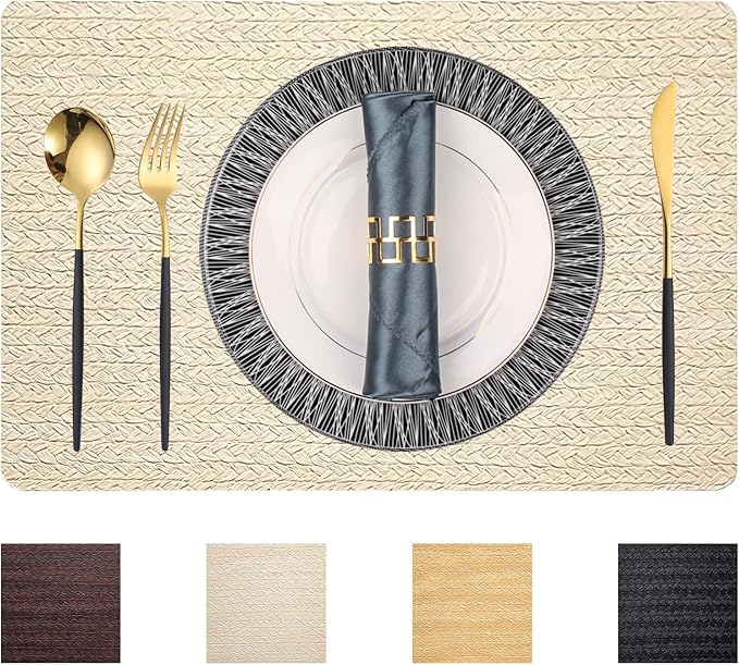 PIGCHCY Waterproof PVC Place Mats Set of 6, Non-Slip Faux Leather Placemats Rattan Pattern Surface Table Mats for Wedding/Birthday Party/Kitchen (18"x12", Cream)