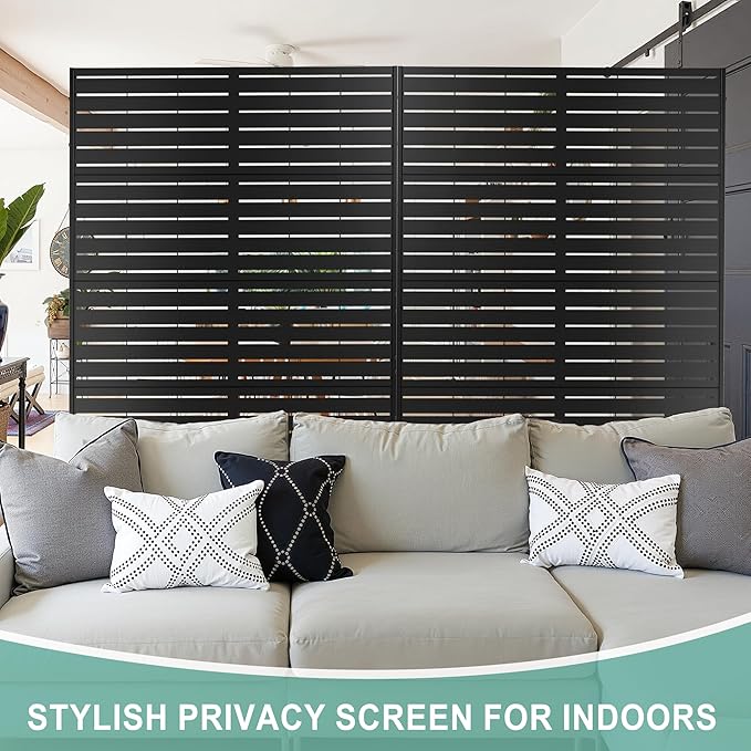 Metal Privacy Screen for Outdoor & Indoor Use, Free Standing Privacy Screen for Patio Garden Pool, 72" H x 44" W Decoative Privacy Panels, Weather Resistant, Easy Assembly (Black Louvered Floral)