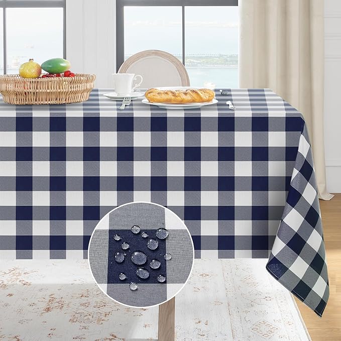 Softalker Gingham Checkered Tablecloth Rectangle - Outdoor Waterproof Buffalo Plaid Table Cloth, Stain Resistant Washable Table Cover for Picnic, Camping, Dining - Navy Blue and White, 54 x 108 Inch