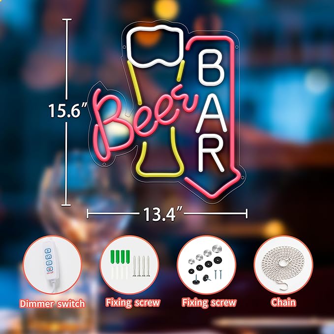 Beer Bar Neon Sign for Wall Decor, USB Powered Beer Bar Led Sign, Reusable Light Up Sign for Business, Light Up Sign for Kitchen and Livingroom