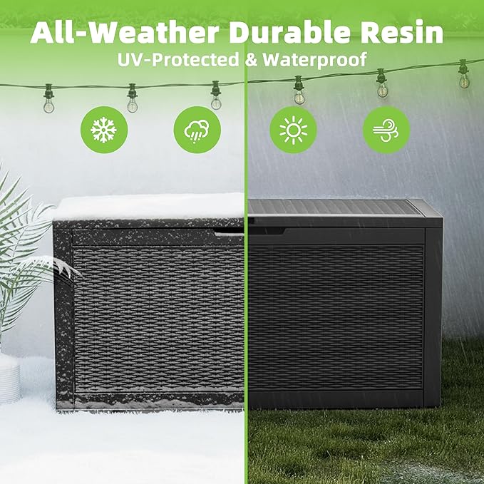 EasyUp 120 Gallon Outdoor Storage Box Waterproof, UV Resistant Resin Deck Box with Hydraulic Rod, Reinforced Stability for Patio, Garden, Rattan Black