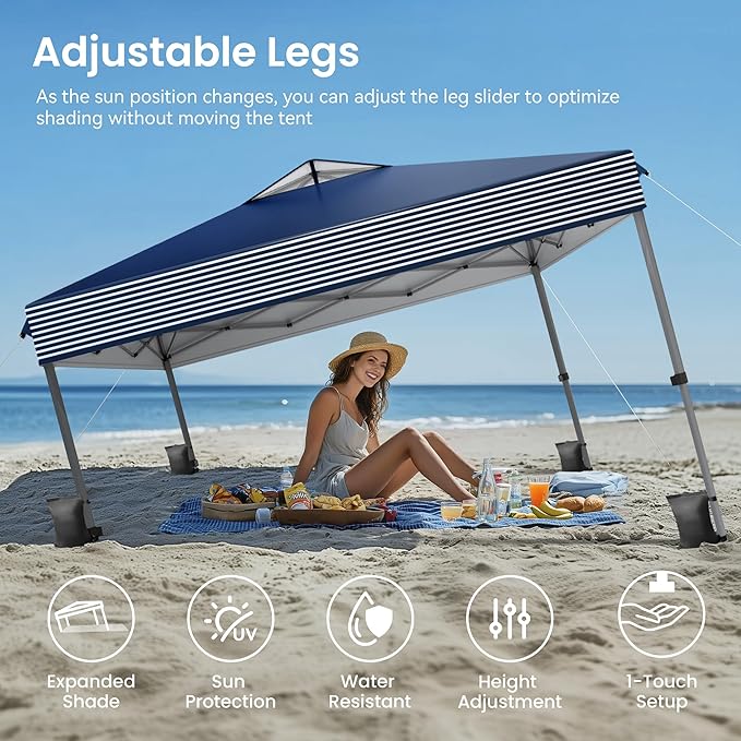 PHI VILLA 10x10 Pop Up Canopy Tent - One Push Setup, Instant Shade Tent with Vented Roof for Beach & Events - Includes Storage Bag, Sandbags, Stakes & Ropes (Navy Stripe)