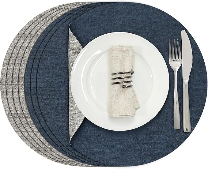 Myir JUN Round Placemats Dual Sided, Faux Leather Place Mats Set of 4 Indoor Placemats for Dining Table Outdoor Placemats Non-Slip Washable Table Mats (Set of 8, Gray Blue)