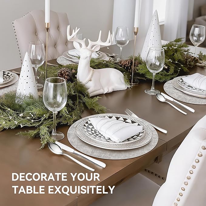 13" Round Placemats Set of 8, Reversible Faux Leather Heat Resistant Table Mats, Waterproof Oilproof Wipeable Table Protective Placemats for Vinyl, Washable for Indoor & Outdoor Use (8, Light Grey)