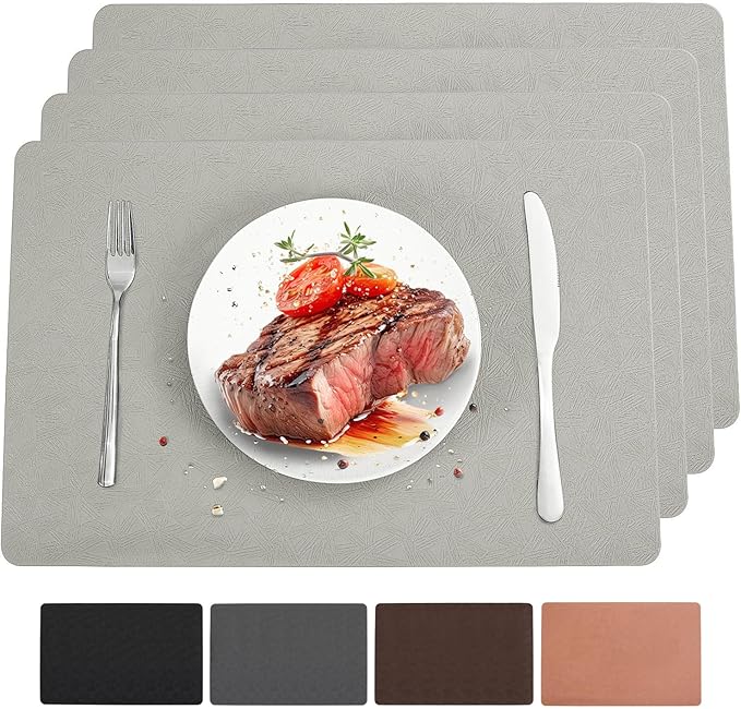 Vinyl Placemats Set of 4 Heat Resistant Easy Clean Non-Slip Place Mats for Dining Table. Faux Leather Waterproof Stain Resistant Wipeable Washable PU Table Mats(4, Light Gray)