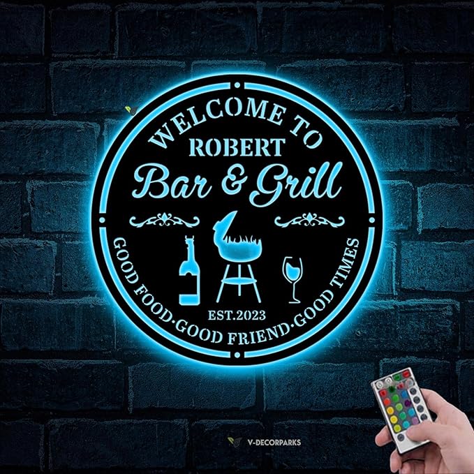 Personalized Bar & Grill Welcome Sign - Custom Backyard BBQ Sign, Neon Grill Decor, 16-Color LED with Remote Control, LED Light Up Wall Decor for BBQ Area, Man Cave