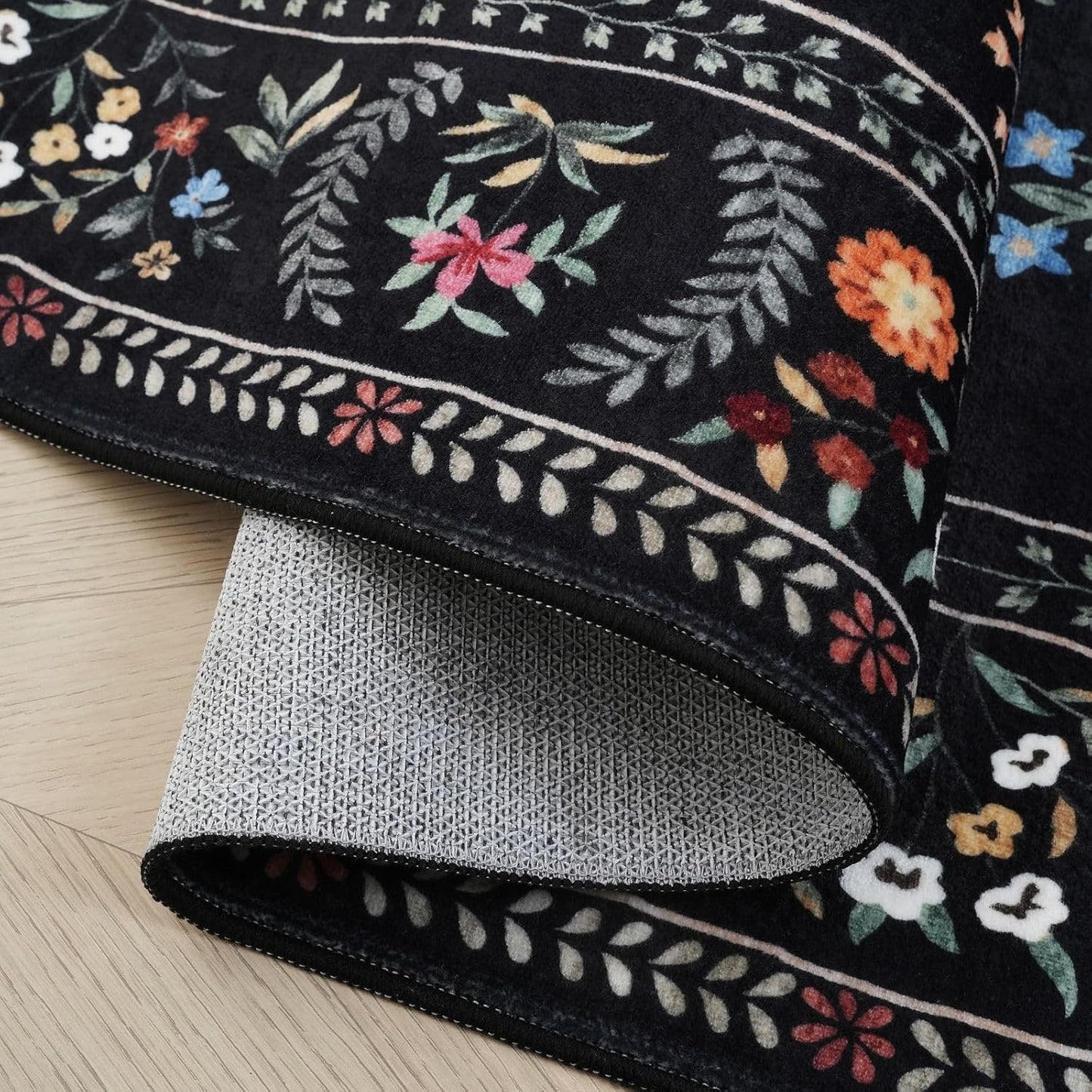 Rugcomf Living Room Rug 5x7 Rug Machine Washable Boho Area Rug Non Slip Floral Animal Vintage Low Pile Large Rugs for Living Room, Bedroom, Farmhouse, Dining Room, Kids Playroom (Black)
