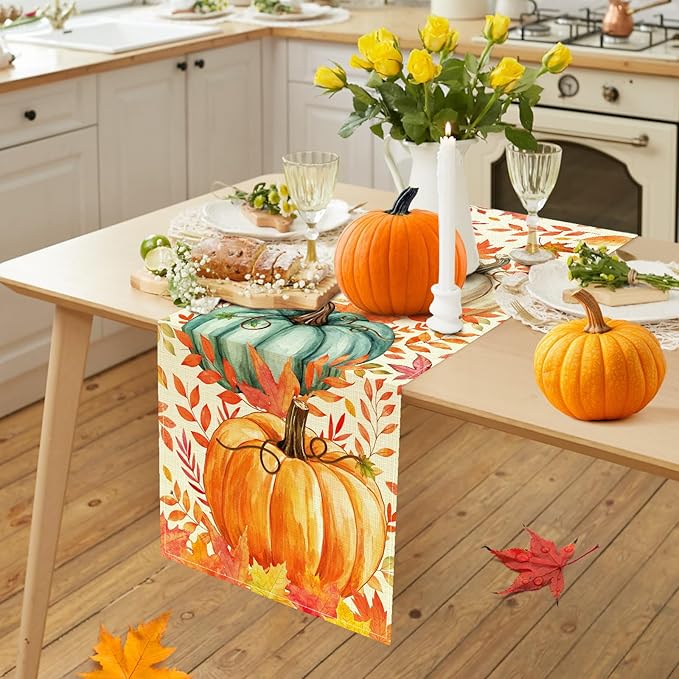 Pumpkin Fall Table Runner, Maple Leaf Autumn Thanksgiving Kitchen Table Decorations for Home Party Decor 13×72 Inches