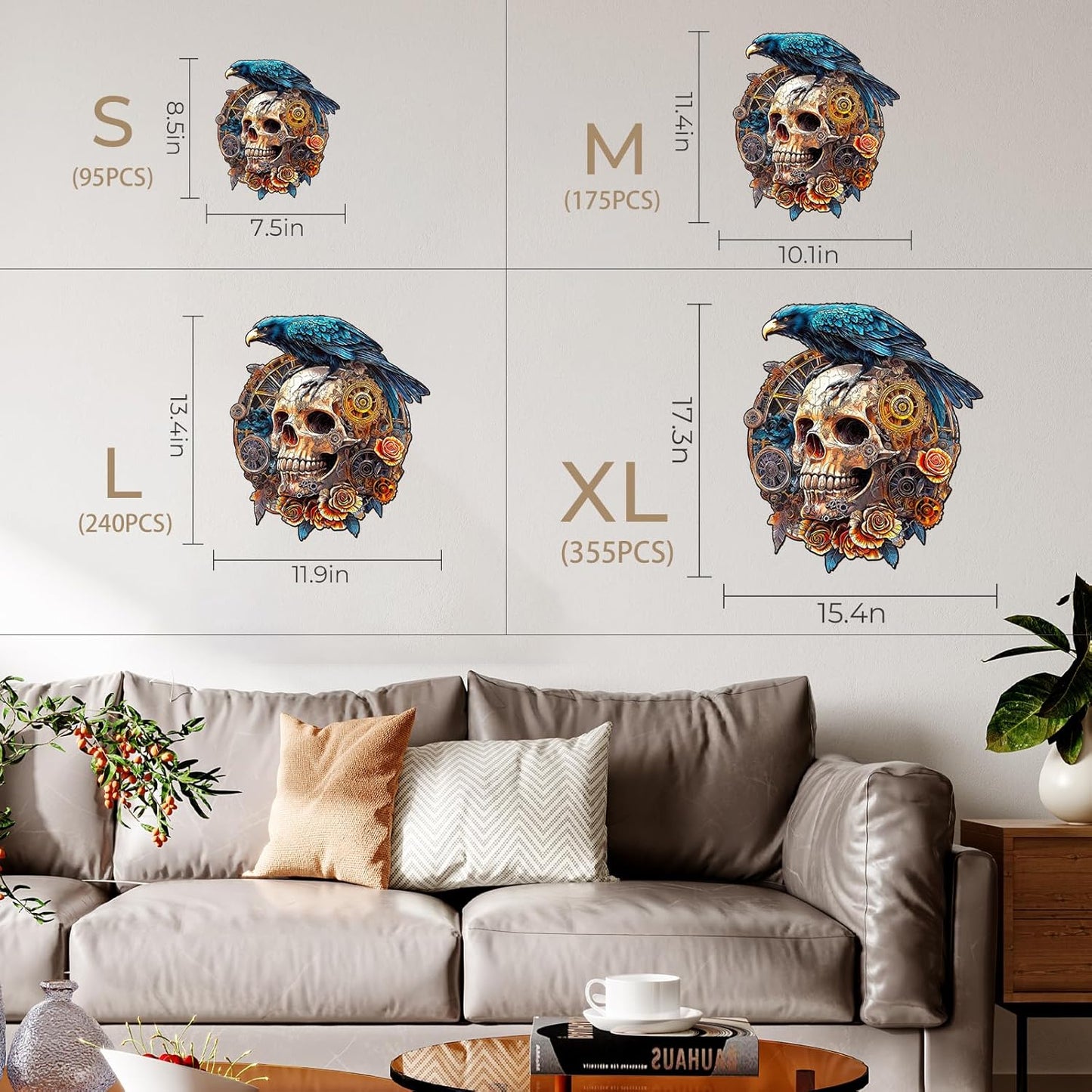 KAAYEE Wooden Puzzles for Adults, Raven & Mechanical Skull Wooden Jigsaw Puzzle 355 PCS Unique Shape Wood Puzzles Adult, 3D Visual Effect Flat Puzzle Birthday Gifts Family Games (XL-17.3 * 15.4in)