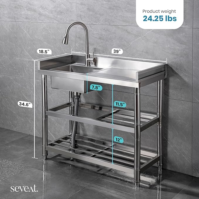 Stainless Steel Utility Sink Freestanding Laundry Sink with Pull-Out Faucet, Utility Tub with Bottom Shelves for Garage, Basement, Mudroom, or Workshop (Silver)