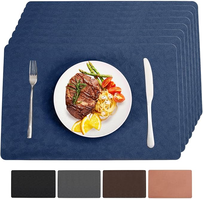 Vinyl Placemats Set of 4 Heat Resistant Easy Clean Non-Slip Place Mats for Dining Table. Faux Leather Waterproof Stain Resistant Wipeable Washable PU Table Mats(4, Blue)