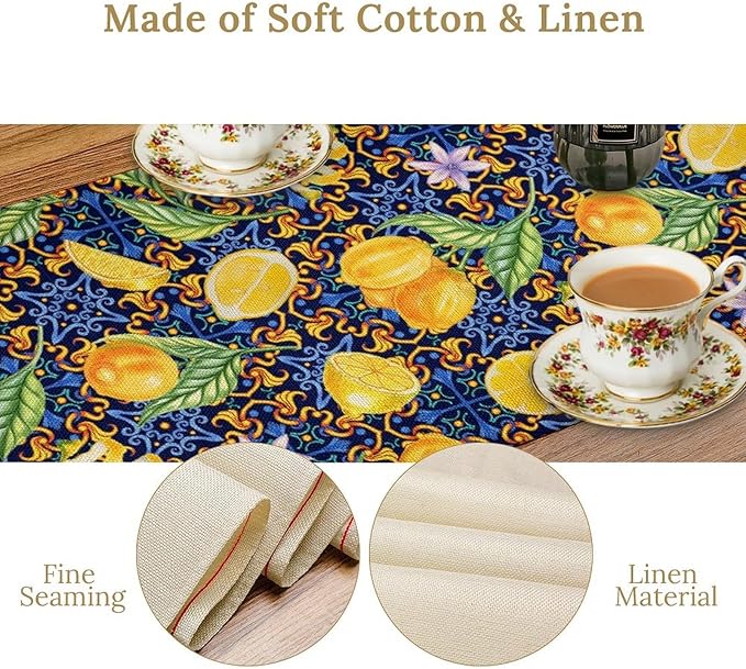Yellow Lemon Table Runner Vintage Retro Summer Fruit Blue White Floral Printed Dining Table Decoration for Home Holiday Party Dresser Kitchen Cabin Restaurant Wedding Decor 13×60in