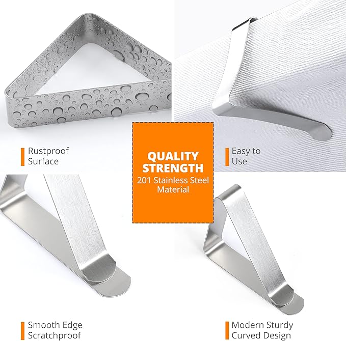 Large Tablecloth Clips [USA Based Brand]- 12 Pack Stainless Steel, Rust Proof Table Cloth Holding Clip - Perfect for Folding, Picnic, Party, and Outdoor Tables-Fits for 1.8~3 Inch Thick Table
