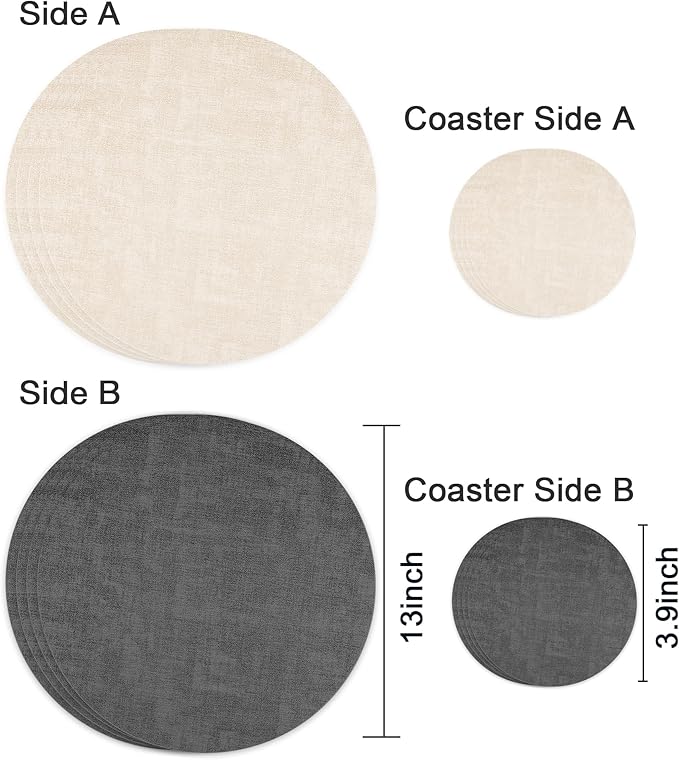 13-Inch Faux Leather Round Placemats Set of 4, Waterproof Anti-Slip Dual Sided Place mats, Heat Resistant Washable Table Mats with Coaster, Suitable for Indoor & Outdoor (4, Black Beige)