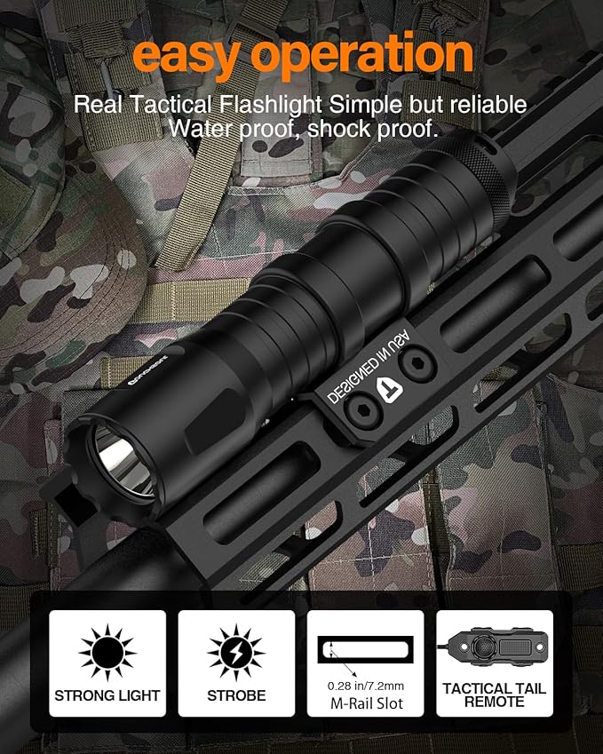 TOUGHSOUL M-Rail Picatinny Tactical Flashlight 1250 Lumens, Rechargeable Flashlight with Remote Pressure Switch LED Light with Rechargeable Batteries and Charger Included (M-Rail Mounted)