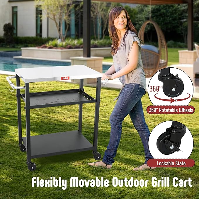3-Shelf Grill Table, Pizza Oven Stand with Shelf, Movable Pizza Oven Grill Cart, Grill for Outside, Outdoor Bar Cart with Wheels, Stainless Steel top, L26.6xW16.1