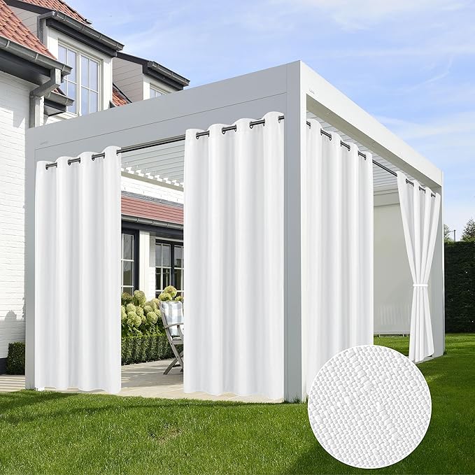 HolidayIdeas 4 Panels Outdoor Curtains for Patio Waterproof White Linen Curtains 95 Inch Length-Indoor/Outside Curtains Weatherproof, Privacy for Pergola, Porch, Gazebo-54 Wide x 95" Long