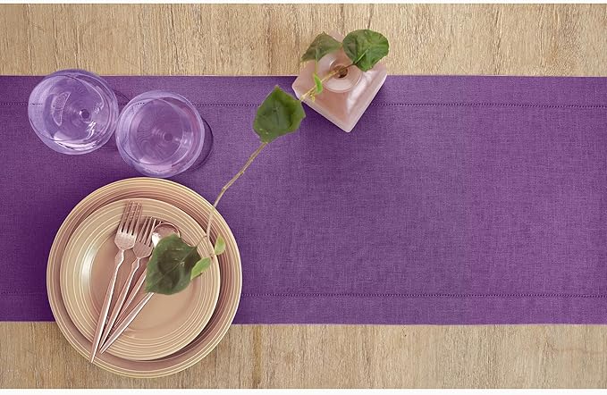 Solino Home Linen Purple Table Runner 132 Inches Long - 100% Pure Linen Extra Long Table Runner 14 x 132 Inch for Valentines, Spring, Easter - Classic Hemstitch