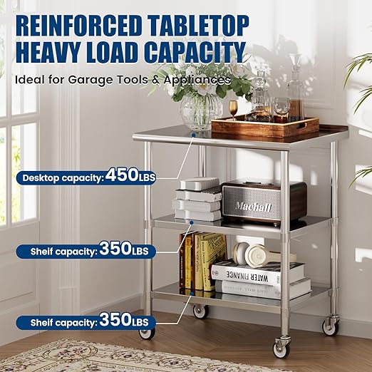 Stainless Steel Work Table with Wheels, 24x36 Inch NSF Food Prep Table with Backsplash & 2 Adjustable Undershelves for Commercial Kitchen, Restaurant, Garage