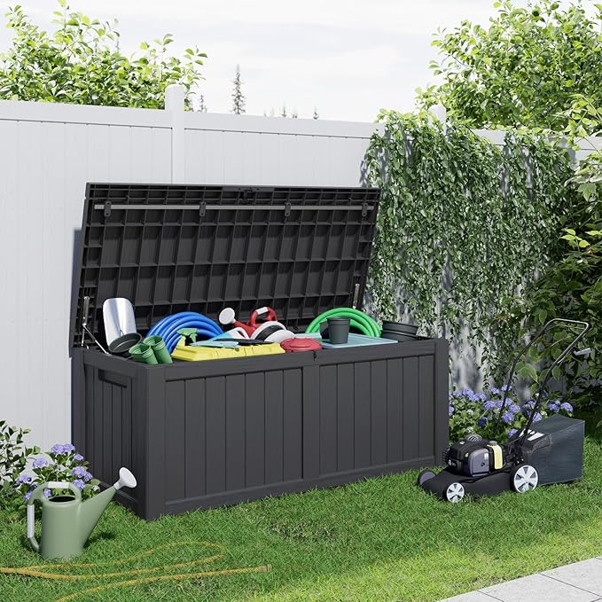 150 Gallon Deck Box,Resin Outdoor Storage Box with Lockable for Patio Furniture, Pool Tools, Garden Tools Waterproof Outside Storage Box, Black