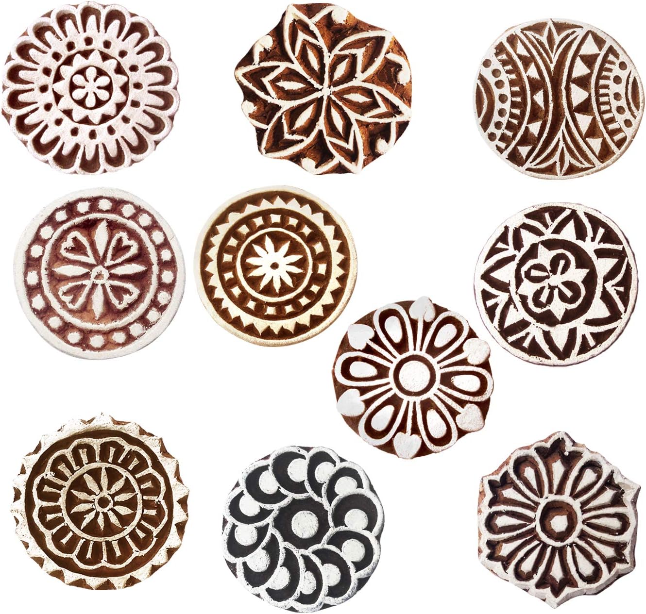 Royal Kraft Round Wooden Printing Stamps (Set of 10) - DIY Henna Fabric Textile Paper Clay Pottery Blocks Htag2181