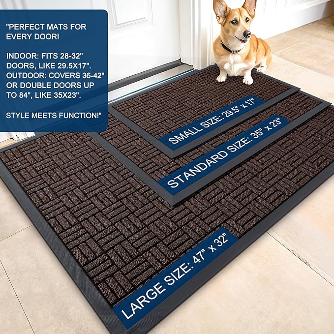 OLANLY Front Door Mat Outside Entrance 29.5x17, Absorbent, Heavy Duty Sturdy Natural Rubber Doormat Indoor Outdoor, Stain and Fade Resistant, Non-Slip Backing Low Profile Floor Mat for Entryway, Brown