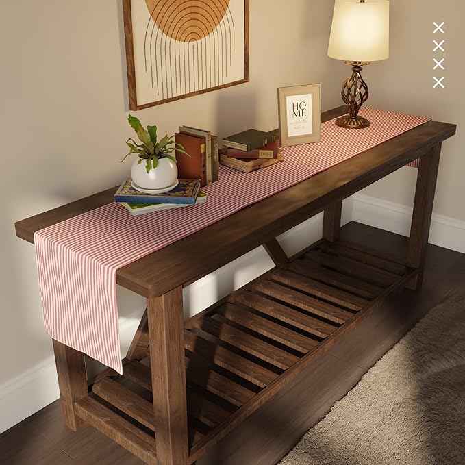 Encasa XO Cotton Dining Table Runner | Ticking Red | Size 13x94 in - Machine Washable & Durable