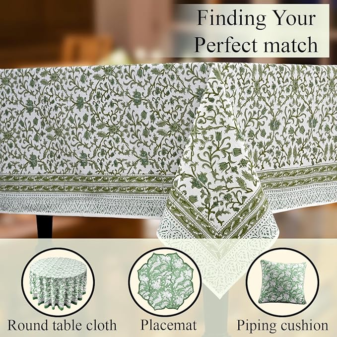 CPC Meadow Vine Tablecloth 100% Cotton 70x108 Inch Indian Block Print Rectangle Table Cover, Table Cloth for Gifting in Weddings, Halloween, Fall, Christmas, Thanksgiving