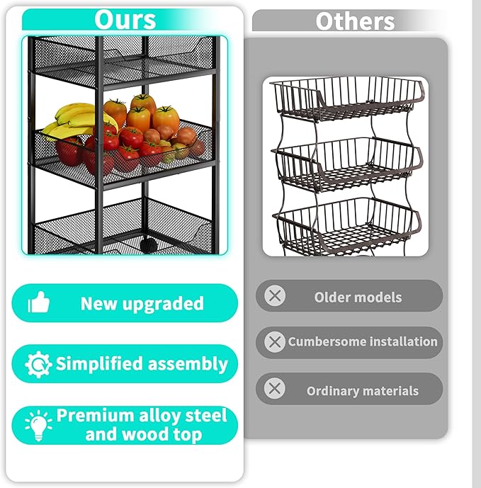 HapiRm Fruit Basket Kitchen Cart - 4-Tier Rolling Storage Cart with Wheels, Fruit Vegetable Basket with Wood Top, Pantry Utility Kitchen Organizer for Fruit Potato Onion Vegetable Bread Snack