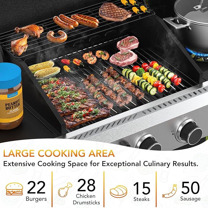 3-Burner Propane Gas Grill with Side Burner,Stainless Steel BBQ Grill with Porcelain-Enameled Cast Iron Grates,37000 BTU Barbecue Grill, Suitable for Patio,Camping,Outdoor Cooking