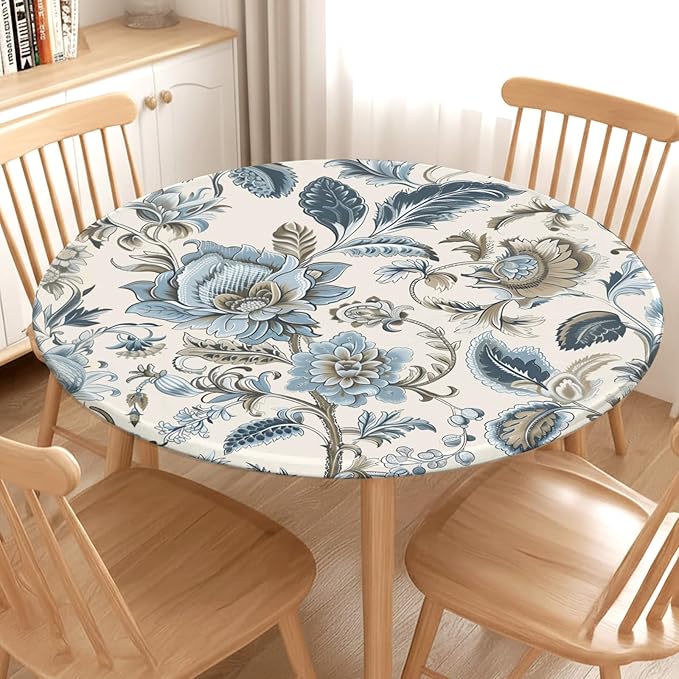 Vintage Floral Round Fitted Tablecloth with Elastic Blue Brown Chinoiserie Flower Circle Table Cloth for 48-52" Round Tables Wipeable Waterproof Elegant Rustic Table Cover for Dining Patio Picnic