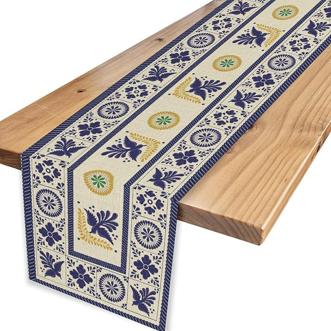 Mexican Table Runner, Blue Floral Birds Mexico Talavera Ceramic Dia De Los Muertos Coffee Table Center Decor for Family Home Kitchen and Dining Farmhouse Indoor Outdoor Table Decorations, 13" X 108"