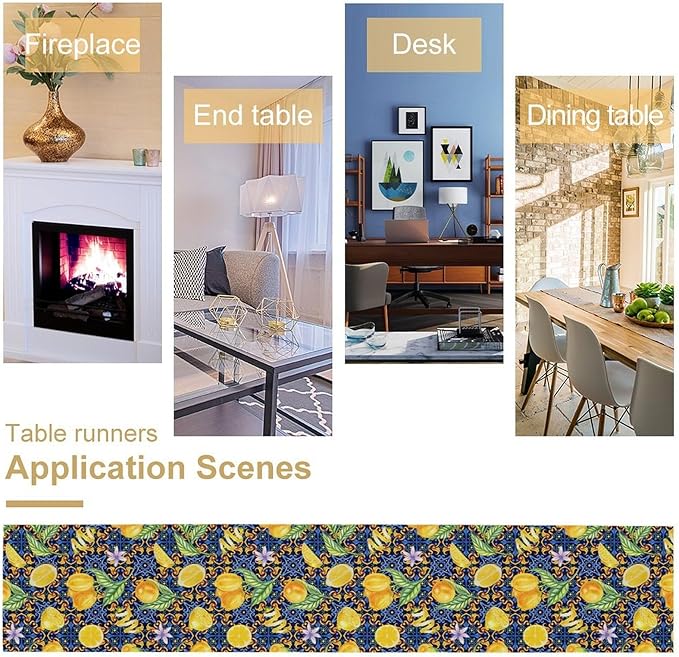Yellow Lemon Table Runner Vintage Retro Summer Fruit Blue White Floral Printed Dining Table Decoration for Home Holiday Party Dresser Kitchen Cabin Restaurant Wedding Decor 13×60in