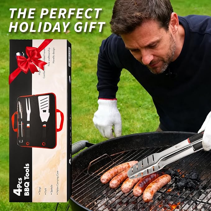 BBQ Tools Set, 4 PCS Heavy Duty Stainless Steel Spatula, Fork, Tongs with Portable Bag, Essential Accessories for Barbecue Outdoor Grill, Grilling Gifts for Men Dad Camp Chef