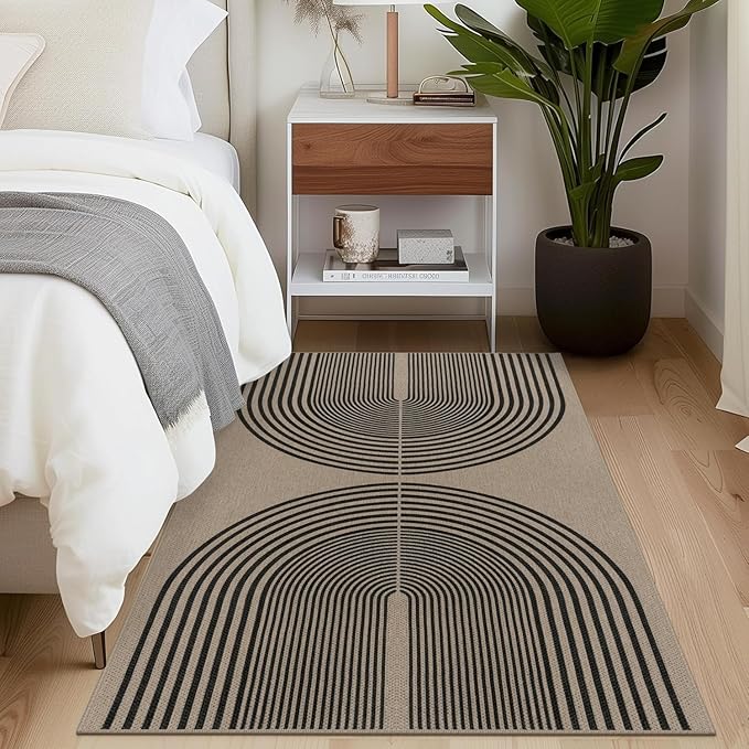 Easy Jute Rainbow Area Rug, 3x5 Indoor Outdoor Entryway Rug Washable Non-Slip Modern Boho Kitchen Rugs, Black and Nature Abstract Throw Carpet for Living Room Patio Kids Room