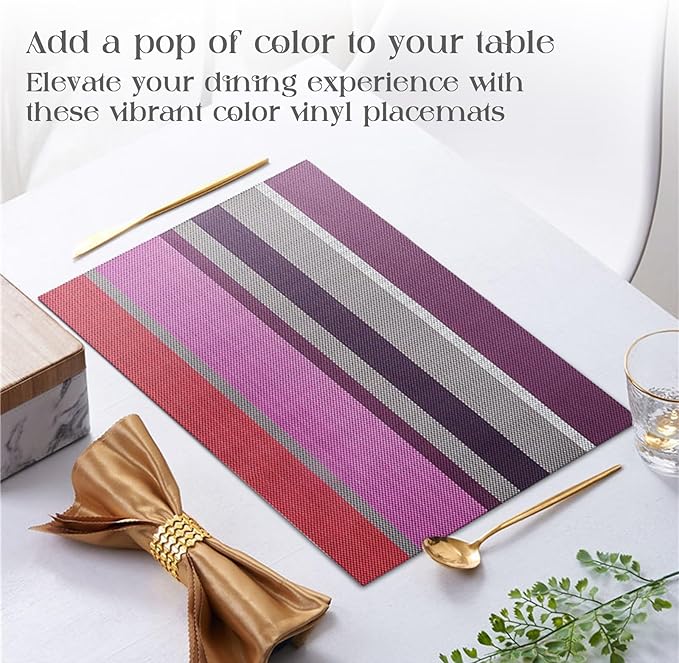 Set of 6 Colorful Striped Vinyl Placemats Heat-Resistant Washable Placemats Non-Slip Woven Table Mats Wipeable Placemat for Kitchen Dining Table Decoration Indoor Outdoor (Violet Purple)