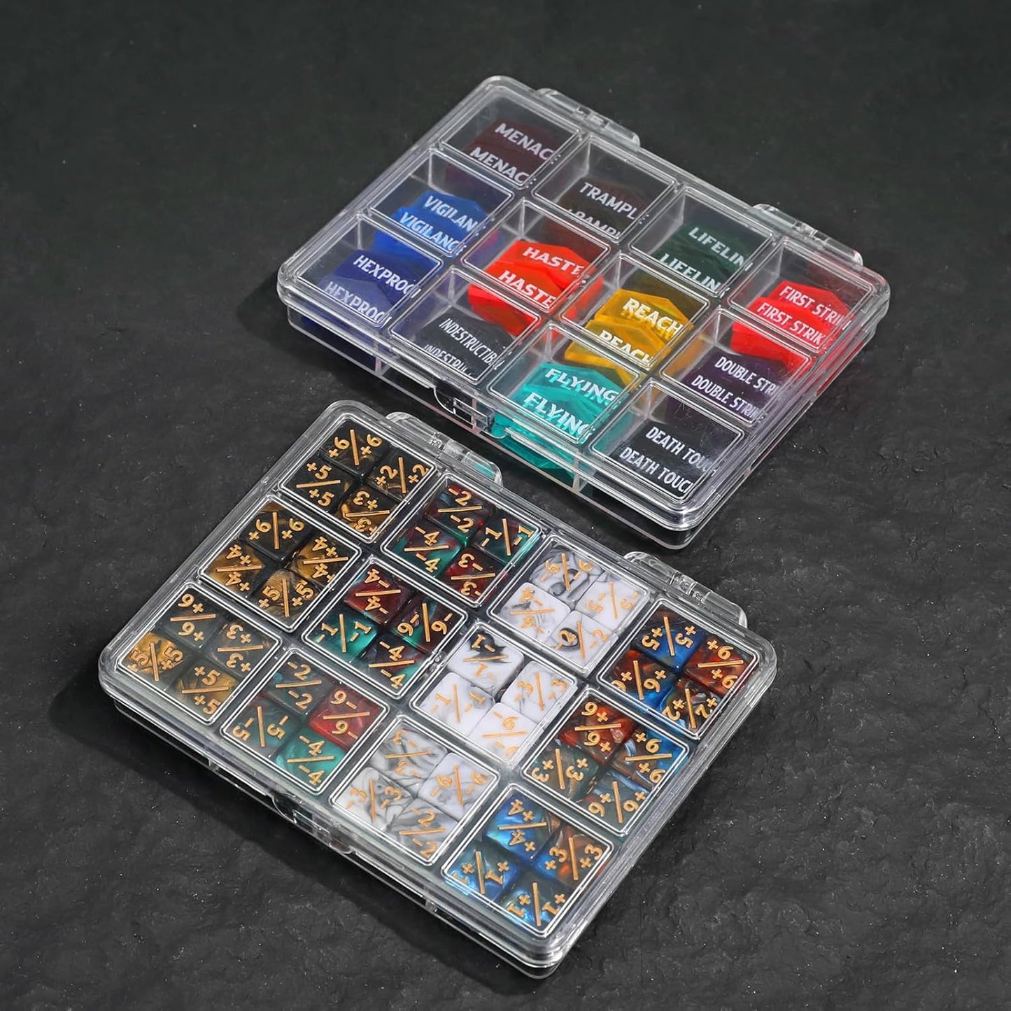 SIXPOINTS 108PCS 12mm MTG Counter Dice +1/+1 Tokens 6 Sided Dice & MTG Keyword Counters Tokens Set for Magic The Gathering, MTG, TCG, Card Games Accessories (4 Color Dices#F + MTG Keyword Counters)