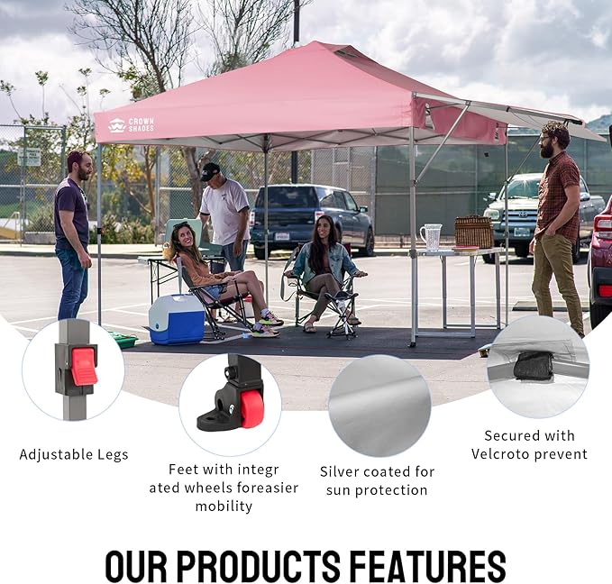 CROWN SHADES 10x10 Pop Up Canopy Tent with Patented Center Lock, Instant Commercial Canopy with Extendable Awning, 150D Silver Coated Fabric, 4 Weight Bags, Ropes, Stakes & STO ’N Go Wheeled Bag, Pink