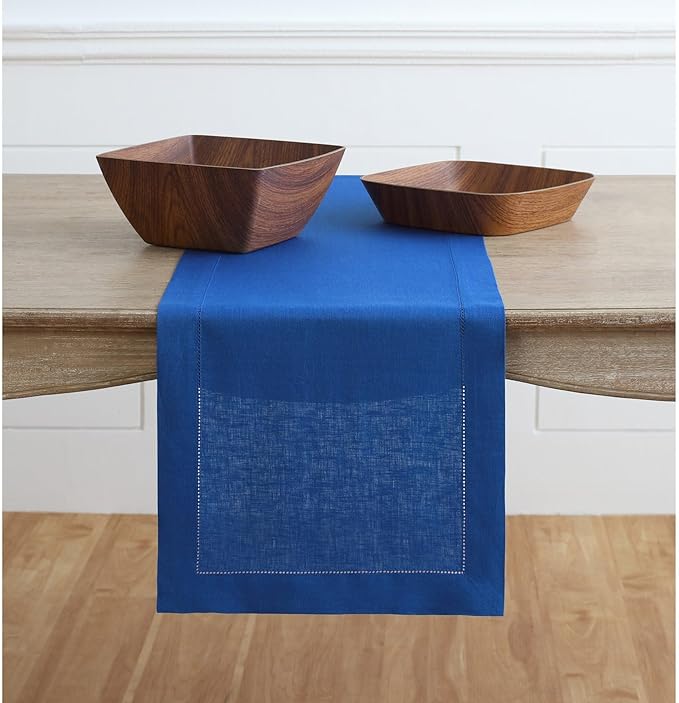 Solino Home Linen Royal Blue Table Runner 132 Inches Long - 100% Pure Linen Extra Long Table Runner 14 x 132 Inch for Spring - Classic Hemstitch