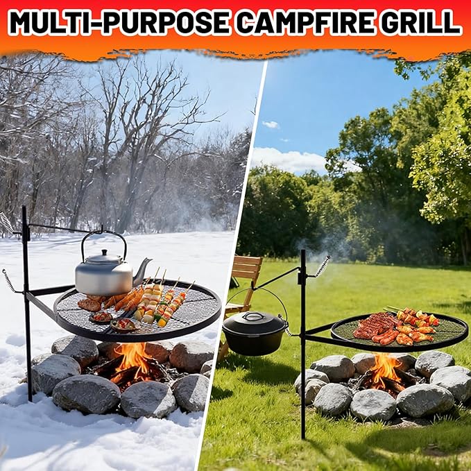 24" Fire Pit Campfire Grill Grate, 24" Foldable Open Fire Cooking Grill Portable Camping Cooking Barbecue Rack Heavy-duty, Easy Setup & Adjustable Height for Outdoor Camping BBQ