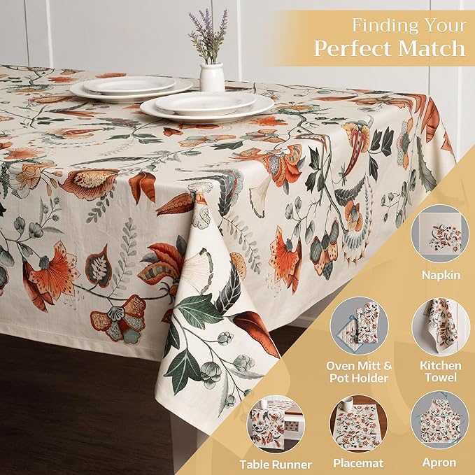 Maison d' Hermine Table Cloth Rectangle Table 100% Cotton 70 x 120 Inches Fall Tablecloth Reusable Everyday Use for Thanksgiving Christmas Decorations Dining Farmhouse Party (Dalida)