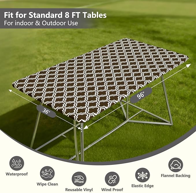 Rectangle Picnic Table Cloth, Elastic Waterproof Fitted Vinyl Tablecloths for 8 Foot Tables, Wipeable Flannel Backed Table Covers for Dining, Camping, Outdoor(Black,36"x96")