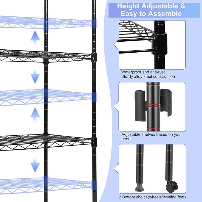 Whitmor 5 Tier Shelving Unit,Metal Storage Shelves, Heavy Duty with 4 Wheels & Adjustable Feet, 400 lbs Capacity per Shelf, Max 2000 lbs Total for Home, Garage, Workshop, 36" L x 14" W x 60" H, Black