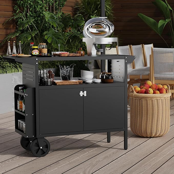 Outdoor Grill Table,Metal Grill Cart with Storage,Outdoor Bar Cart with Extension Plnel for Kitchen Prep,Patio BBQ