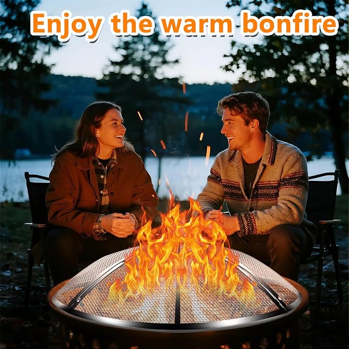 24 Inch Fire Pit Spark Screen,Stainless Steel Fire Pit Screen Cover with Handle&Poker,Outdoor Fire Pit Screen Cover Round Mesh Lid Heavy-Duty for Backyard/Beach/RV Camping