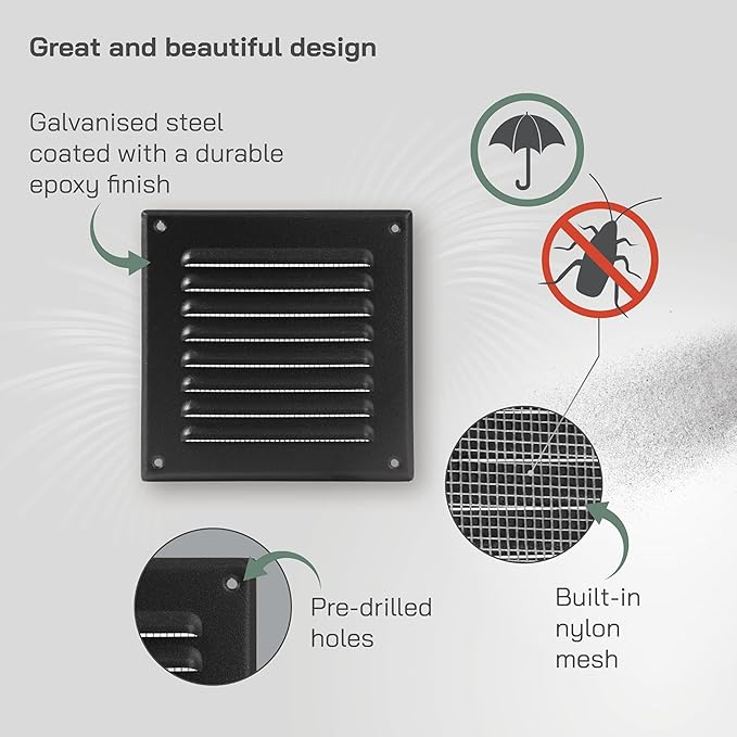 Vent Systems 5 x 5 Inch (Inner) - Pack of 5 - Black Metal Soffit Vent Cover - Durable Square Air Vent Grille with Mesh Screen - Weather Resistant Ventilation Grill - Wall & Ceiling Indoor & Outdoor