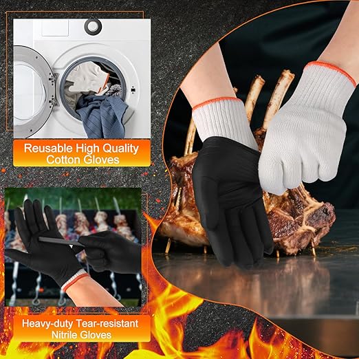 BBQ Gloves for Cooking Baking Grilling, 100 Count Disposable Nitrile Gloves and 4 Count Cotton Glove Liners Washable (6mil Nitrile, X-Large)
