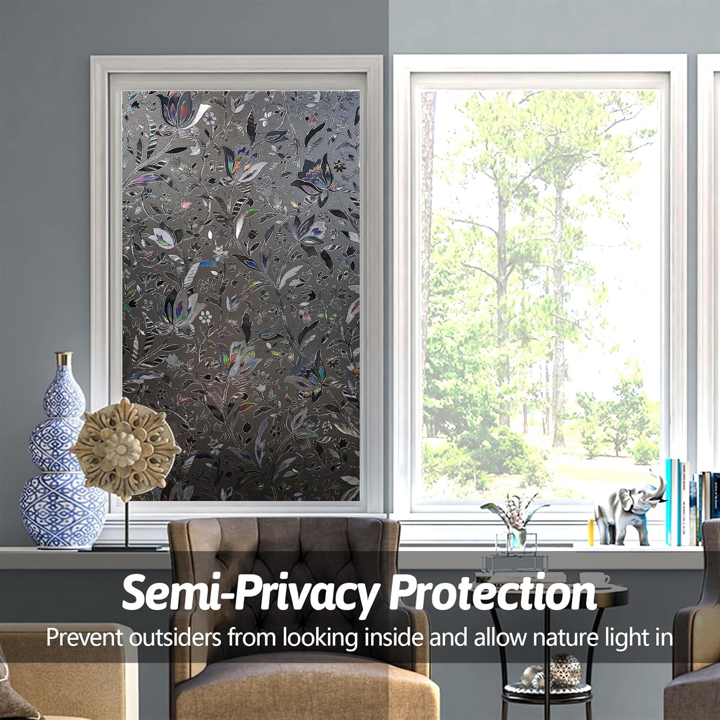 NINETREX Window Privacy Film,Decorative Window Film Frosted,Stained Glass Window Cling,Heat Blocker Non-Adhesive for Home,Grayish Black 17.5 x 157.4inch