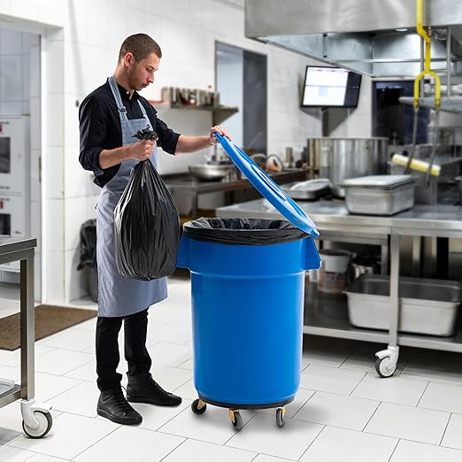 PRO&Family Commercial Round Trash Can with Lid and Dolly Rolling Waste Container, Ingredient Bin, Heavy-Duty Plastic, Anti-Static, Kitchen, Office, Outdoor Use (Blue, 44 Gallon)